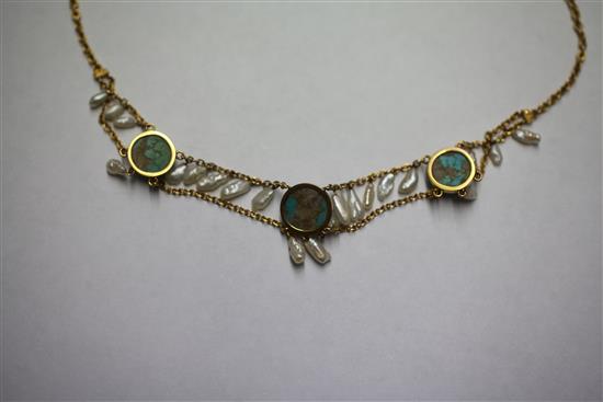 An Edwardian 9ct gold cabochon turquoise and baroque pearl drop necklace, 15.5in.